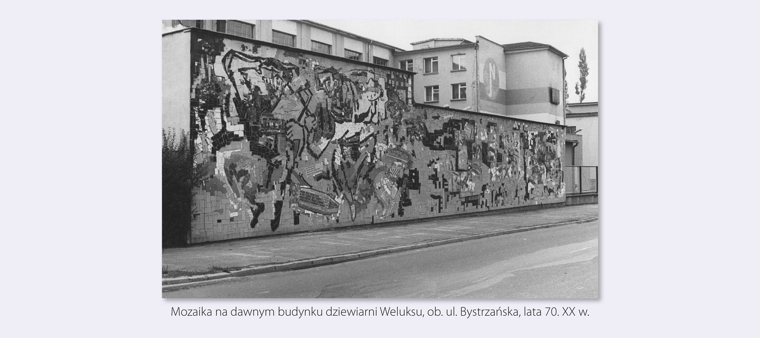 Zachowana mozaika na zewnętrznej ścianie budynku dawnej dziewiarni Weluksu, stan z lat 70. XX w.