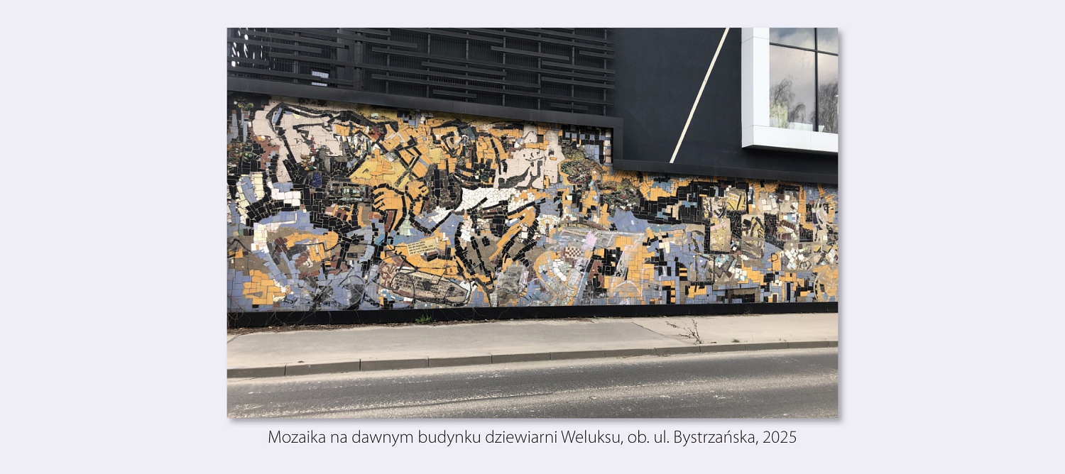Zachowana mozaika na zewnętrznej ścianie budynku dawnej dziewiarni Weluksu, stan obecny