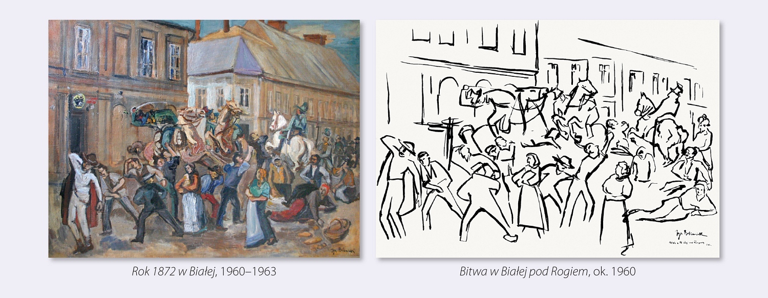 Obraz i rysunkowy szkic Rok 1872 w Białej (Bitwa w Białej pod Rogiem) – przedstawia kłębowisko postaci – kobiet i mężczyzn – na tle dwu kondygnacyjnych budynków 