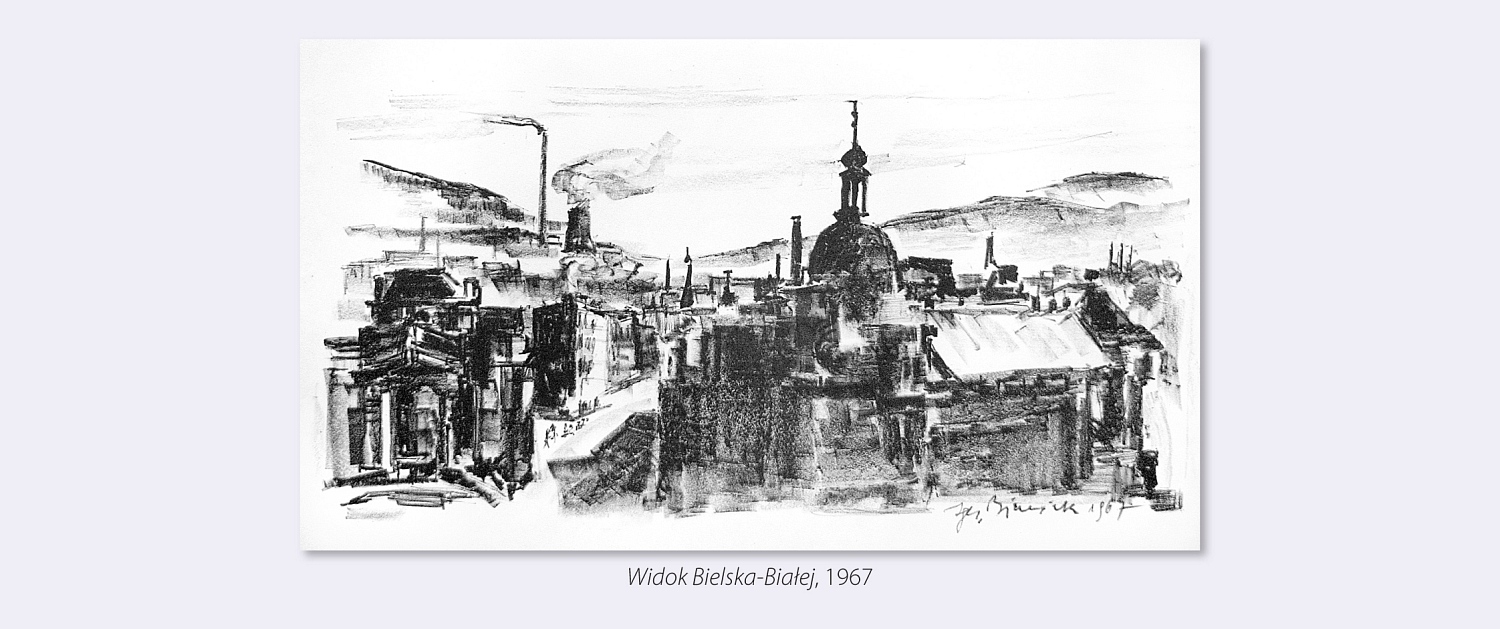 Grafika Widok Bielska-Białej – przedstawia rozległy widok na miasto z usytuowanymi na pierwszym planie budynkami teatru i poczty, w tle łagodne wzniesienia