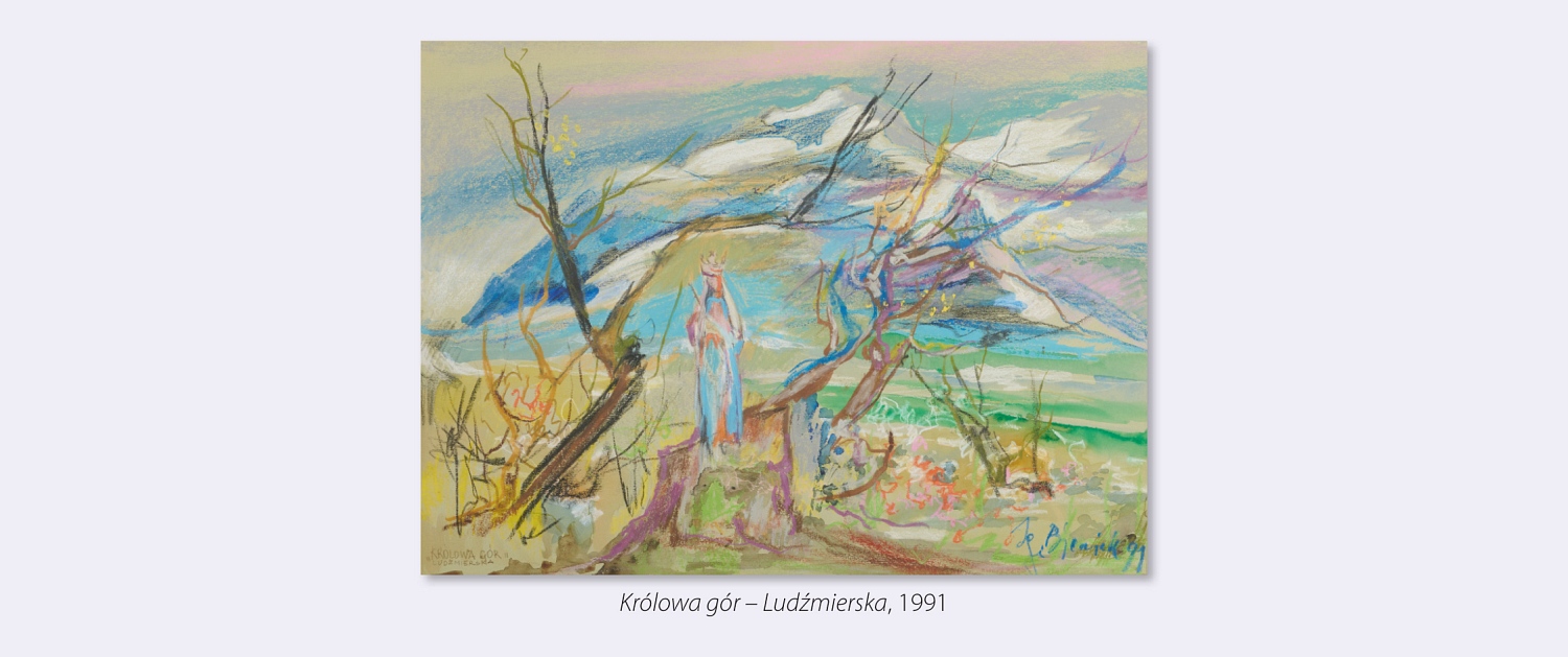 Pastel Królowa gór - Ludźmierska – przedstawia rozległy widok na góry z usytuowaną na pierwszym planie kapliczką z figurą Matki Boskiej