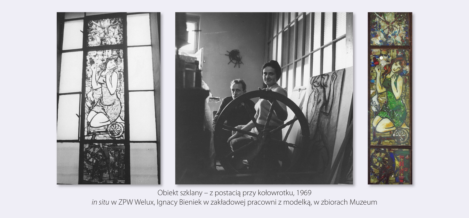 Obiekt szklany – z postacią przy kołowrotku, fotografia archiwalna przedstawiająca go in situ w ZPW Welur oraz  Ignacy Bieniek w zakładowej pracowni z modelką