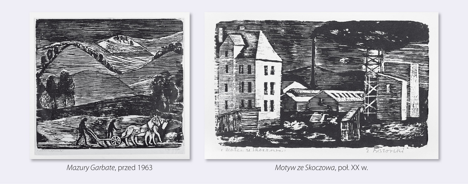 1/ czarno-biała grafika, przedstawia pejzaż z kilkoma pagórkami, na pierwszym planie orka parą białych koni. 2/ czarno-biała grafika, przedstawia fragment przemysłowej zabudowy miasta, kilka prostych budynków o różnej wysokości, w głębi pośrodku stoi wysoki dymiący komin.