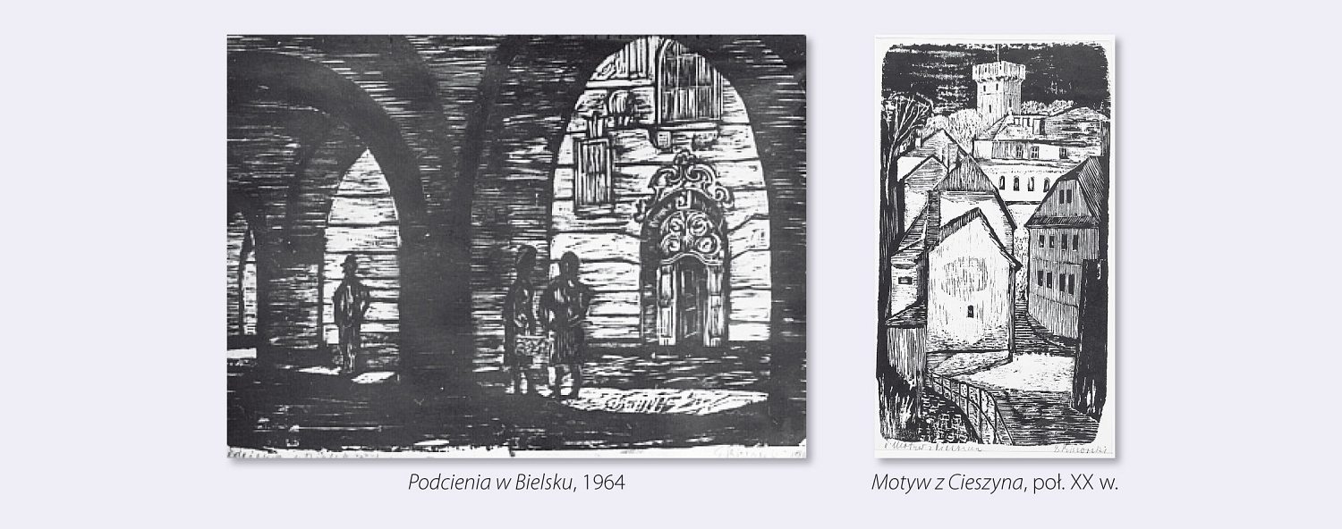 1/ czarno-biała grafika, przedstawia półkoliste łuki arkad kamienic, widoczne są także trzy stojące pod nimi osoby. 2/ czarno-biała grafika, przedstawia fragment pejzażu miejskiego z wielopoziomowymi kamienicami i górującą nad nimi gotycką wieżą z krenelażem.