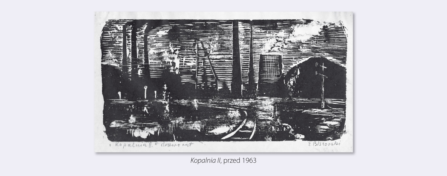 czarno-biała grafika, przedstawia pejzaż przemysłowy, widać m.in. kominy i szyb kopalni, na pierwszym planie tory kolejowe