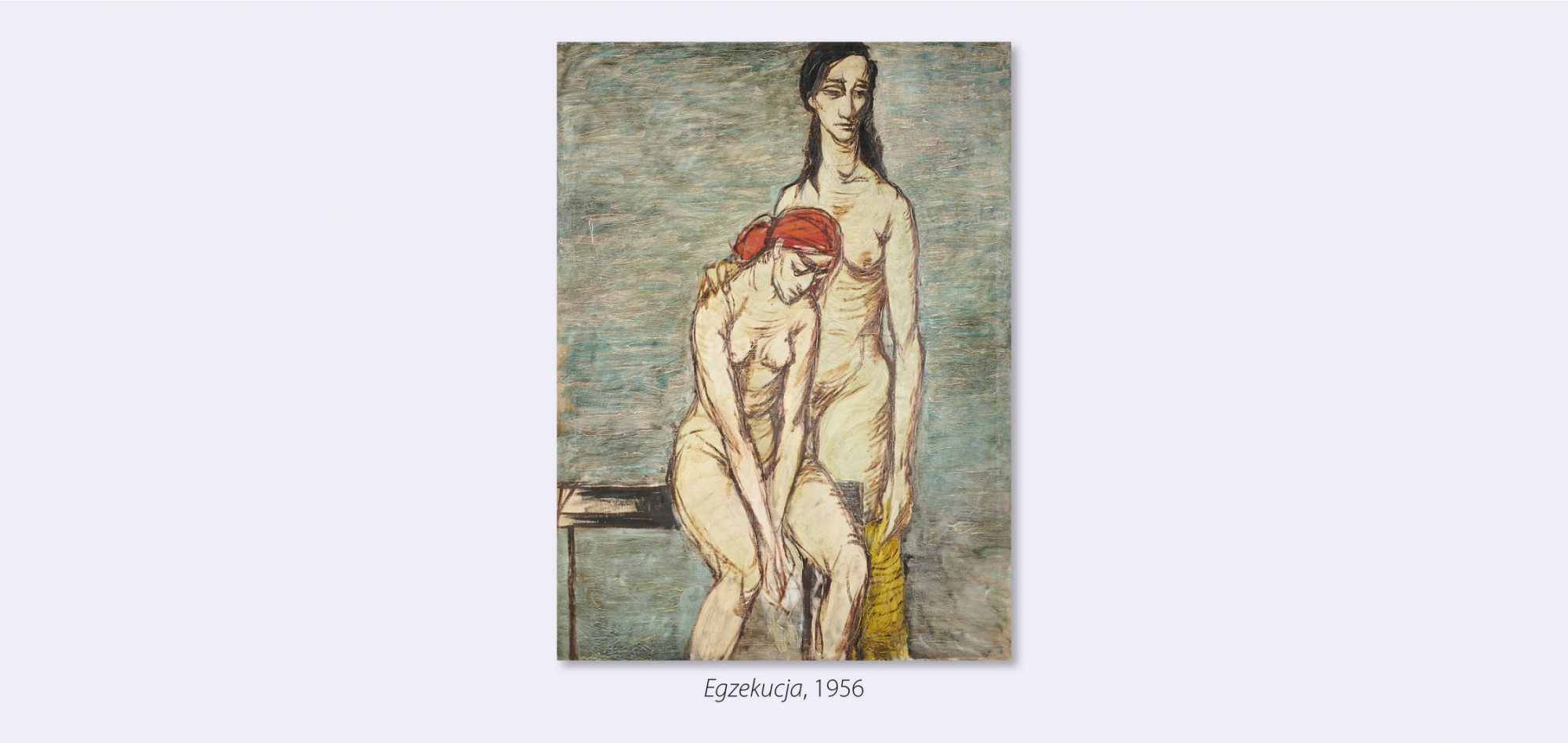 Obraz przedstawia dwie nagie kobiety ujęte frontalnie, jedna o rudych włosach siedzi na ławce, a druga czarnowłosa stoi obok nieco za nią.