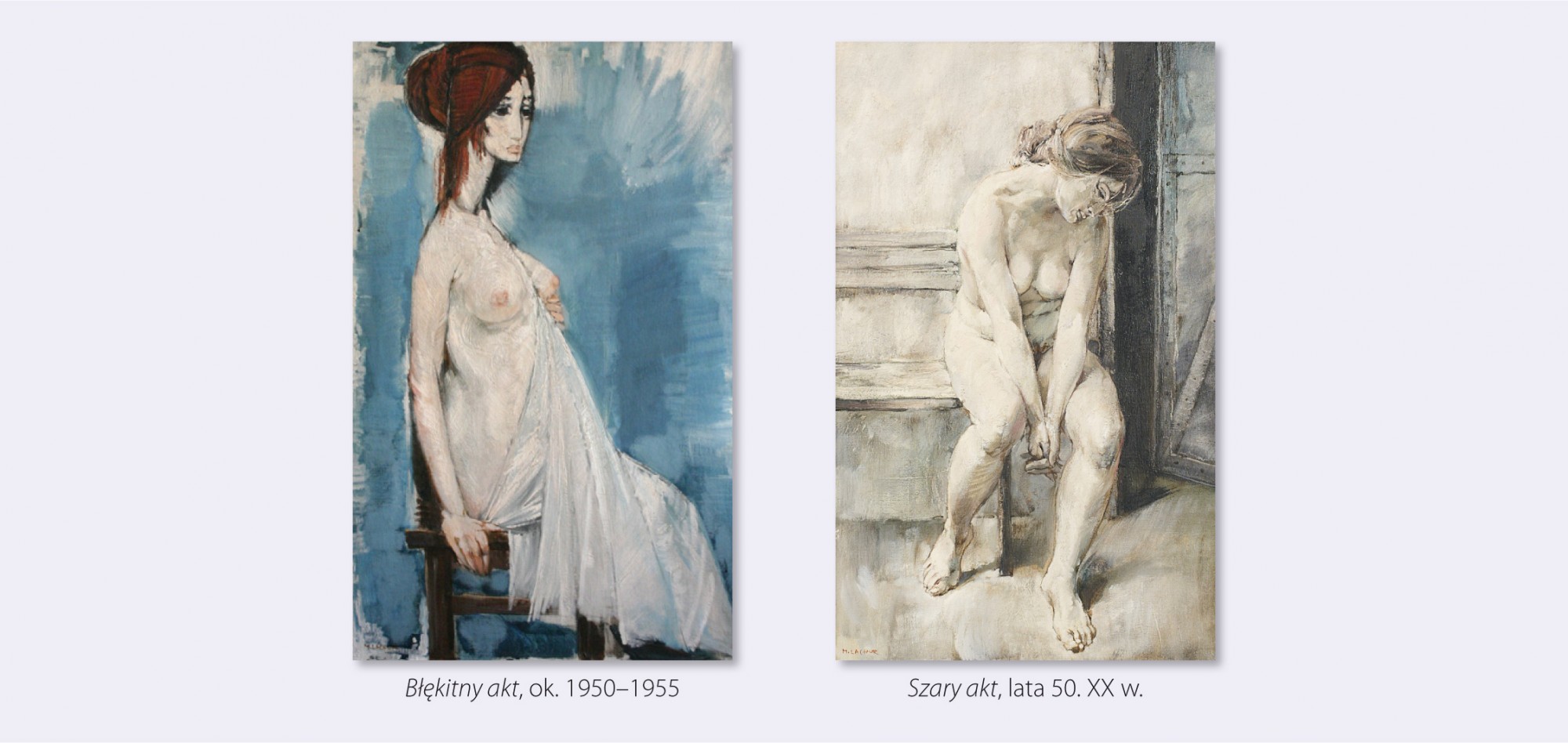 1. Na niebieskim tle ukazana jest młoda kobieta, naga, częściowo osłonięta białą tkaniną, siedzi na czarnym krześle, zwrócona jest w prawo. 2. Obraz w tonacji szarości, przedstawia nagą kobietę siedzącą na ławce, ujęta jest en face, obok niej uchylone ciężkie metalowe drzwi.