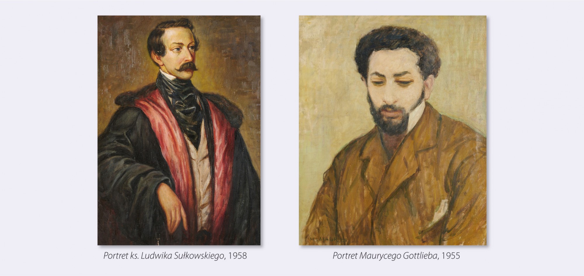 Obraz przedstawiający wąsatego mężczyznę, ukazanego do pasa, ubranego w obszerny płaszcz z czerwoną podbitką i białą kamizelkę, pod szyją ma zawiązany czarny krawat – fular. Obraz przedstawia popiersiowy wizerunek mężczyzny o gęstych, krótkich czarnych włosach, z brodą i wąsami, ubranego w brązową marynarkę.