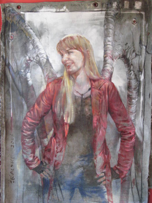 Obraz Leszka Żegalskiego. Młoda kobieta w czerwonej kurtce i niebieskich jeansach.