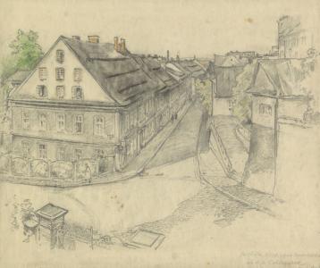 Bielsko, widok z balkonu domu Hoinkesów na ulicę Węglową, rysunek ołówkiem, ok. 1921