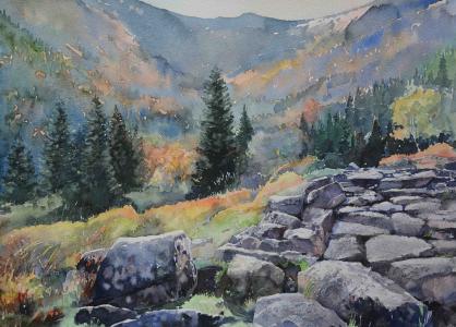 Zdjęcie przedstawiające pejzaż. W tle góry w odcieniach szarości, na drugim planie ciemno-zielone choinki, na pierwszym planie szare kamienie.