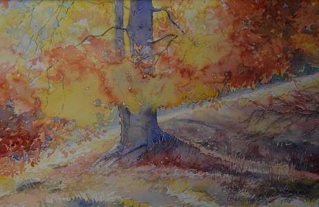 pejzaż lasu w kolorach żółto, pomarańczowo-brązowych. W prawym dolnym rogu znajduje się podpis artysty, który namalował ten pejzaż ,,J.Motylski