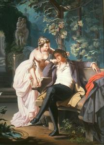 Peter M. Bohúň Scena miłosna w parku, po 1867 r., olej na płótnie, fot. Muzeum Historyczne w Bielsku-Białej