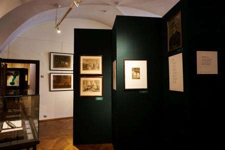 fragment ekspozycji, sala druga: graficzne ilustracje do ballady „To lubię” Mickiewicza i „Pamiętników” Jana Chryzostoma Paska