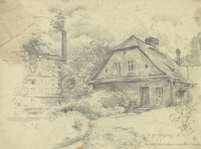 Bielsko, dom Kantora i fabryka Hoinkesa, rysunek ołówkiem, ok. 1921