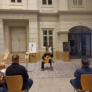 Zdjęcie w zbliżeniu, artystka grająca na gitarze (atrium)