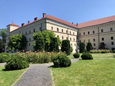 duży beżowy budynek siedziby Muzeum Archeologicznego w Krakowie, budynek ma ciemno-czerwony dach, na pierwszym planie przedstawiony jest ogród: trawa, krzewy oraz drzewa - dużo zieleni , w tle błękitne niebo