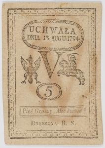 Bilet Skarbowy Rady Najwyższej Narodowej z okresu insurekcji o nominale 5 groszy, Warszawa 1794. r.